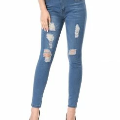 Allegra K Women's Mid Rise Washed Ripped Distressed Denim Skinny Jegging Jeans 32 Allegra K Women's Mid Rise Washed Ripped Distressed Denim Skinny Jegging Jeans