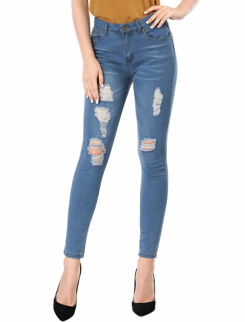 Allegra K Women's Mid Rise Washed Ripped Distressed Denim Skinny Jegging Jeans 12 Allegra K Women's Mid Rise Washed Ripped Distressed Denim Skinny Jegging Jeans