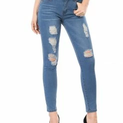Allegra K Women's Mid Rise Washed Ripped Distressed Denim Skinny Jegging Jeans 33 Allegra K Women's Mid Rise Washed Ripped Distressed Denim Skinny Jegging Jeans