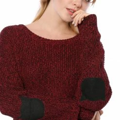 Women Allegra K Drop Shoulder Elbow Cat Patch Loose Sweater