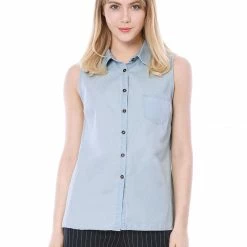 Women Allegra K Single Breasted Point Collar Sleeveless Shirt 70 Women Allegra K Single Breasted Point Collar Sleeveless Shirt