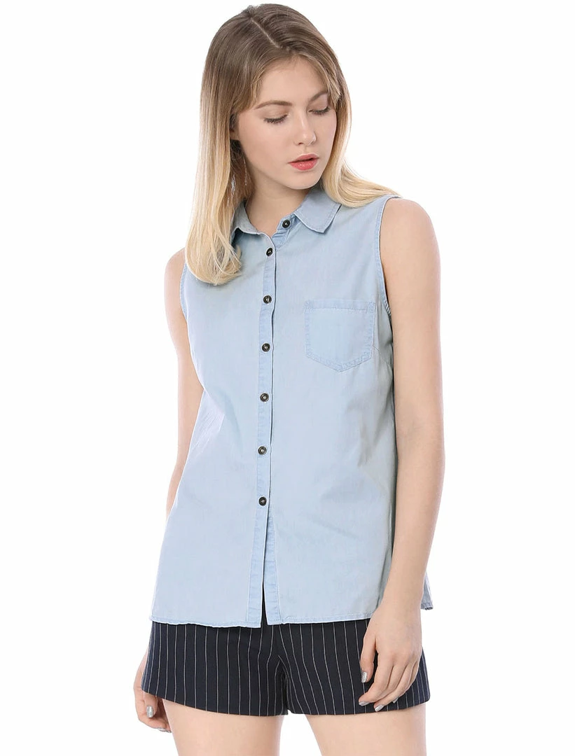 Women Allegra K Single Breasted Point Collar Sleeveless Shirt 29 Women Allegra K Single Breasted Point Collar Sleeveless Shirt