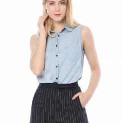 Women Allegra K Single Breasted Point Collar Sleeveless Shirt 69 Women Allegra K Single Breasted Point Collar Sleeveless Shirt