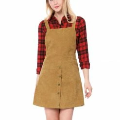 Allegra K Women's Corduroy Button Decor A Line Suspender Overall Skirt Dress