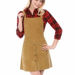Allegra K Women's Corduroy Button Decor A Line Suspender Overall Skirt Dress