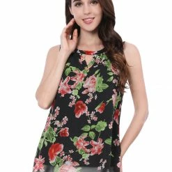 Allegra K Floral Prints Keyhole Chiffon Sleeveless Tank Top Women