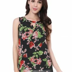 Allegra K Floral Prints Keyhole Chiffon Sleeveless Tank Top Women