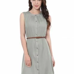 Allegra K Women's Sleeveless Button Down Crew Neck Above Knee Belted Formal Shirtdress