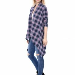 Allegra K Women Handkerchief Hem Open Front Plaids Cardigan