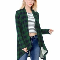 Allegra K Women Handkerchief Hem Open Front Plaids Cardigan