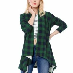 Allegra K Women Handkerchief Hem Open Front Plaids Cardigan