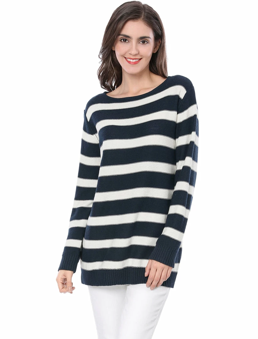 Allegra K Long Sleeves Drop Shoulder Loose Striped Sweater Women 12 Allegra K Long Sleeves Drop Shoulder Loose Striped Sweater Women