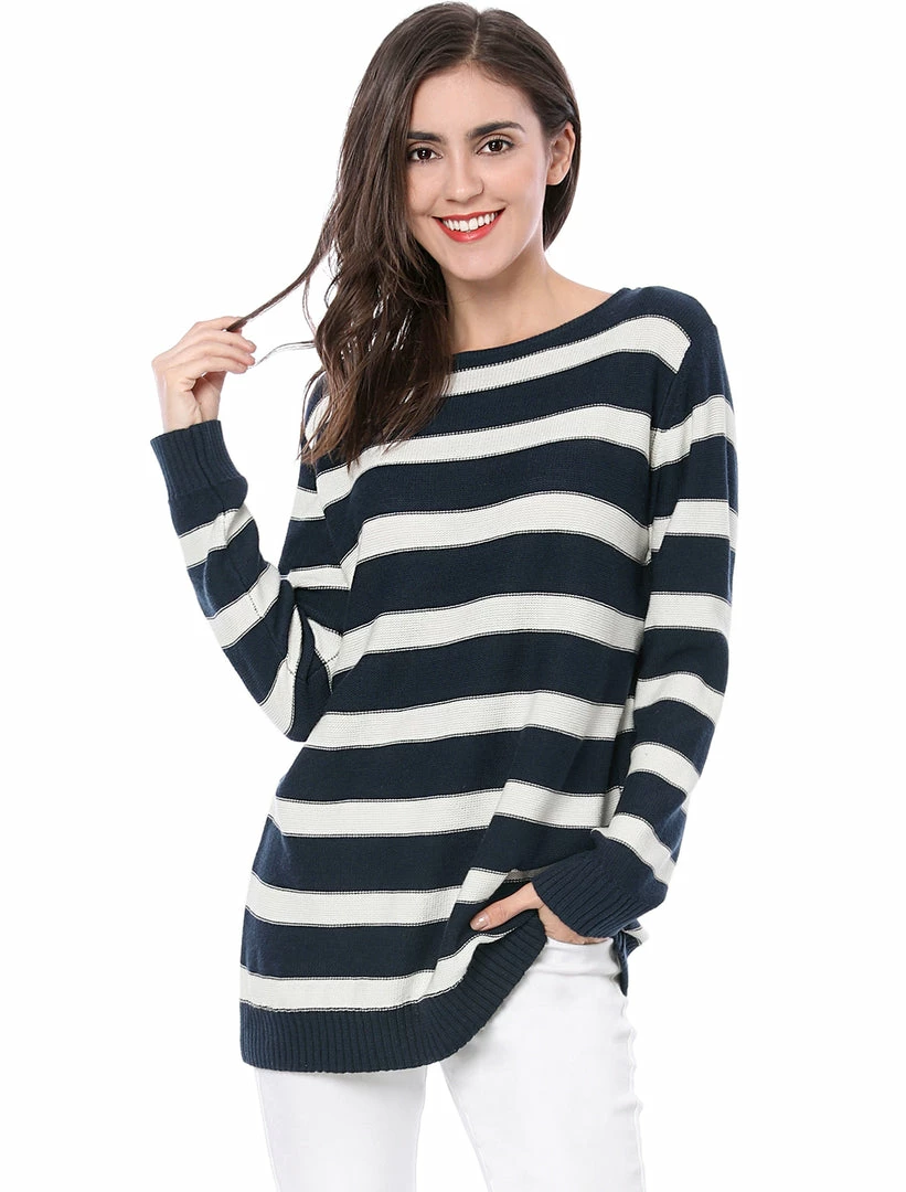 Allegra K Long Sleeves Drop Shoulder Loose Striped Sweater Women 10 Allegra K Long Sleeves Drop Shoulder Loose Striped Sweater Women