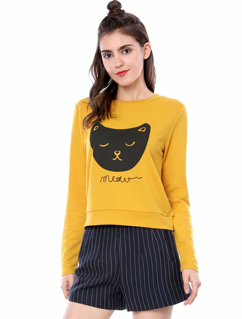 Women Allegra K Cat Prints Crew Neck Long Sleeves Top Shirt 5 Women Allegra K Cat Prints Crew Neck Long Sleeves Top Shirt