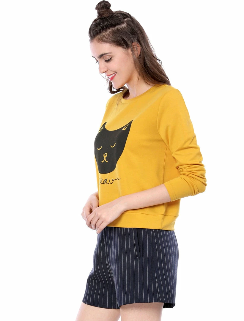 Women Allegra K Cat Prints Crew Neck Long Sleeves Top Shirt 7 Women Allegra K Cat Prints Crew Neck Long Sleeves Top Shirt