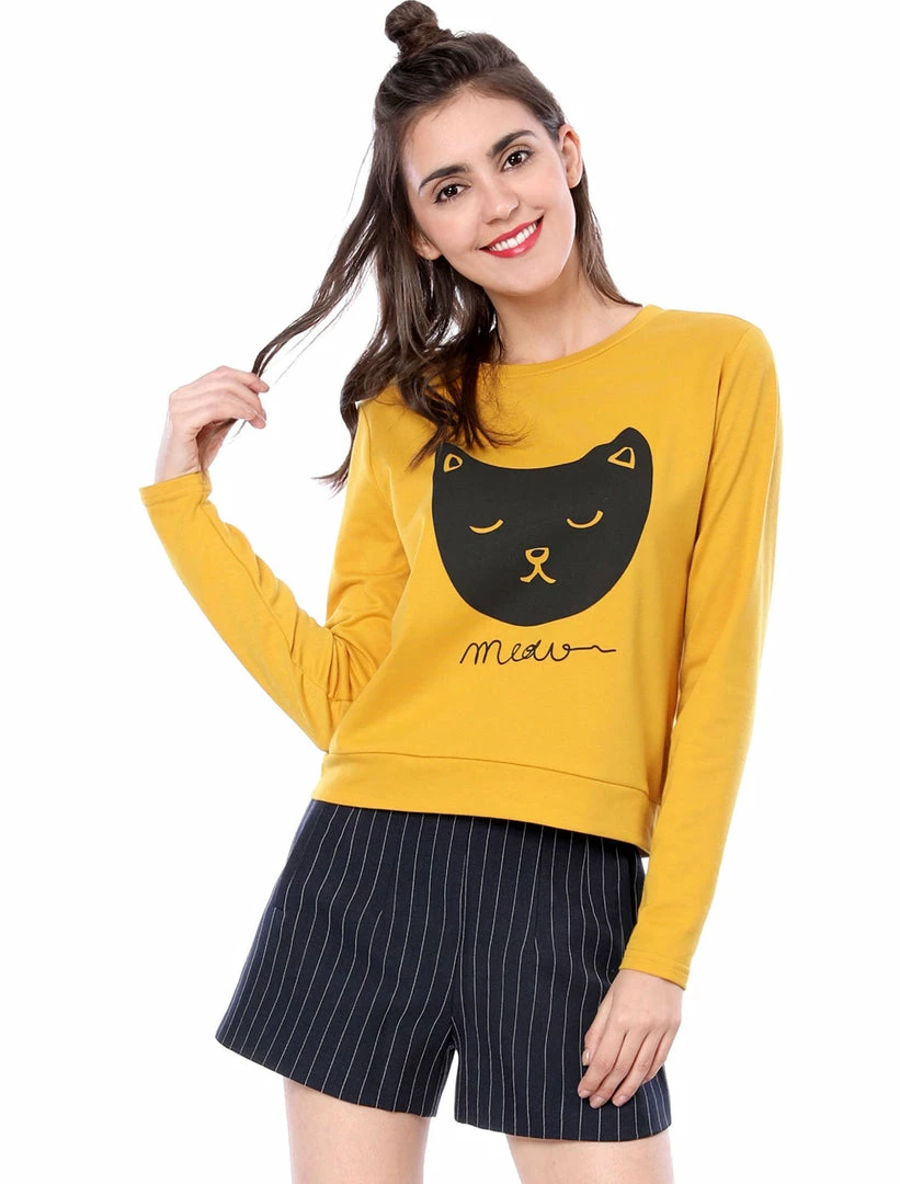 Women Allegra K Cat Prints Crew Neck Long Sleeves Top Shirt 4 Women Allegra K Cat Prints Crew Neck Long Sleeves Top Shirt