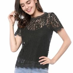 Women Allegra K Scalloped Trim Short Shirred Sleeves Sheer Floral Lace Top