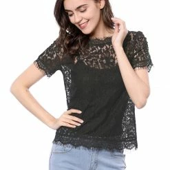 Women Allegra K Scalloped Trim Short Shirred Sleeves Sheer Floral Lace Top