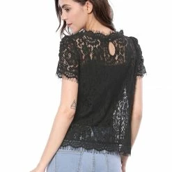 Women Allegra K Scalloped Trim Short Shirred Sleeves Sheer Floral Lace Top