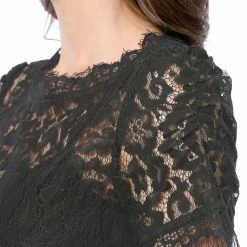 Women Allegra K Scalloped Trim Short Shirred Sleeves Sheer Floral Lace Top
