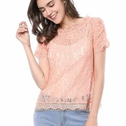 Women Allegra K Scalloped Trim Short Shirred Sleeves Sheer Floral Lace Top