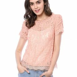 Women Allegra K Scalloped Trim Short Shirred Sleeves Sheer Floral Lace Top