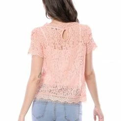 Women Allegra K Scalloped Trim Short Shirred Sleeves Sheer Floral Lace Top