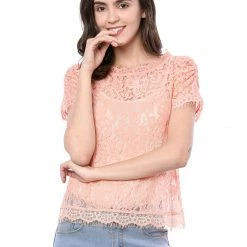 Women Allegra K Scalloped Trim Short Shirred Sleeves Sheer Floral Lace Top