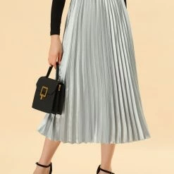 Allegra K Skirts Women's Elastic Waist Party Metallic Shiny Accordion Pleated Midi Skirt