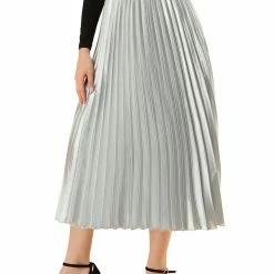 Allegra K Skirts Women's Elastic Waist Party Metallic Shiny Accordion Pleated Midi Skirt