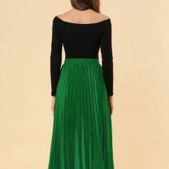 Allegra K Skirts Women's Elastic Waist Party Metallic Shiny Accordion Pleated Midi Skirt