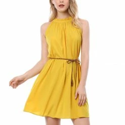Allegra K Women Ruffled Neck Belted Above Knee Sleeveless Dress