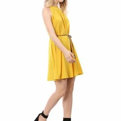 Allegra K Women Ruffled Neck Belted Above Knee Sleeveless Dress