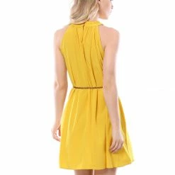 Allegra K Women Ruffled Neck Belted Above Knee Sleeveless Dress