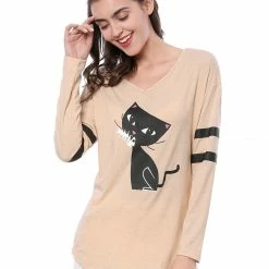 Allegra K V Neck Drop Shoulder Striped Cat Print Tunic Top Women