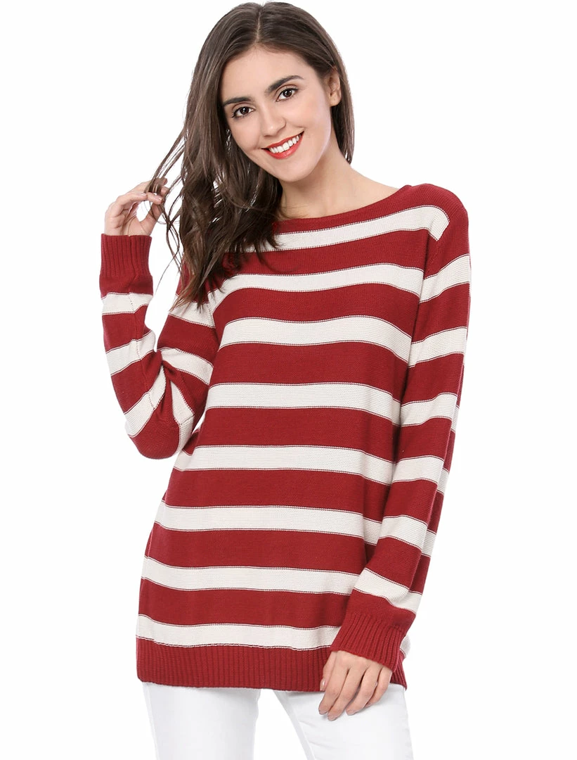 Allegra K Long Sleeves Drop Shoulder Loose Striped Sweater Women 5 Allegra K Long Sleeves Drop Shoulder Loose Striped Sweater Women