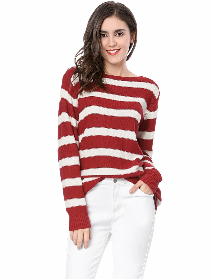 Allegra K Long Sleeves Drop Shoulder Loose Striped Sweater Women 6 Allegra K Long Sleeves Drop Shoulder Loose Striped Sweater Women