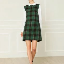 Allegra K Women's Contrast Peter Pan Collar Long Sleeve Check Shift Dress