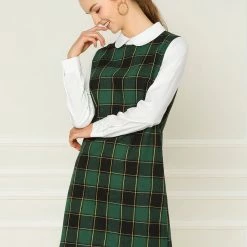 Allegra K Women's Contrast Peter Pan Collar Long Sleeve Check Shift Dress