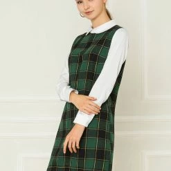 Allegra K Women's Contrast Peter Pan Collar Long Sleeve Check Shift Dress