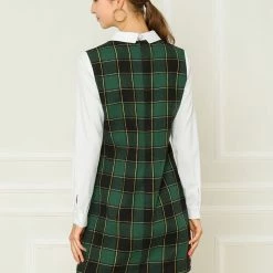 Allegra K Women's Contrast Peter Pan Collar Long Sleeve Check Shift Dress