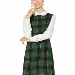 Allegra K Women's Contrast Peter Pan Collar Long Sleeve Check Shift Dress
