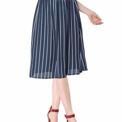 Allegra K Women's Stripes Button Front Elastic Back A Line Midi Skirt 107 Allegra K Women's Stripes Button Front Elastic Back A Line Midi Skirt