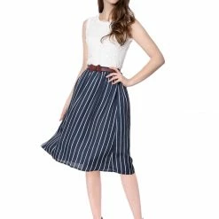 Allegra K Women's Stripes Button Front Elastic Back A Line Midi Skirt 108 Allegra K Women's Stripes Button Front Elastic Back A Line Midi Skirt