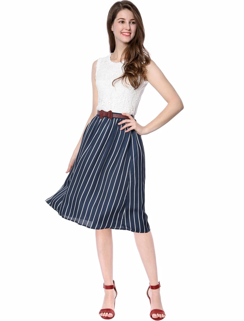 Allegra K Women's Stripes Button Front Elastic Back A Line Midi Skirt 47 Allegra K Women's Stripes Button Front Elastic Back A Line Midi Skirt
