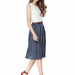 Allegra K Women's Stripes Button Front Elastic Back A Line Midi Skirt 109 Allegra K Women's Stripes Button Front Elastic Back A Line Midi Skirt