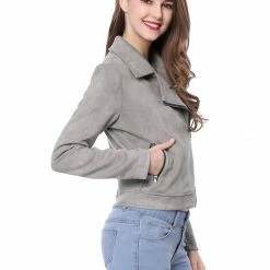 Allegra K Faux Suede Short Jacket With Revere Collar Clothing