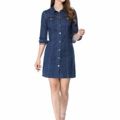 Allegra K 3/4 Sleeve Button Down Denim Shirt Dress Women