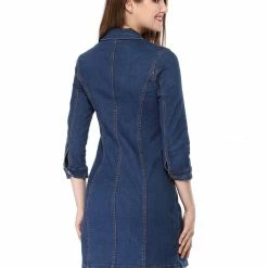 Allegra K 3/4 Sleeve Button Down Denim Shirt Dress Women