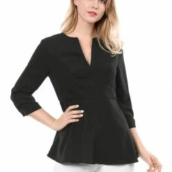 Women Allegra K V Neck 3/4 Sleeves Button Cuffs Peplum Top
